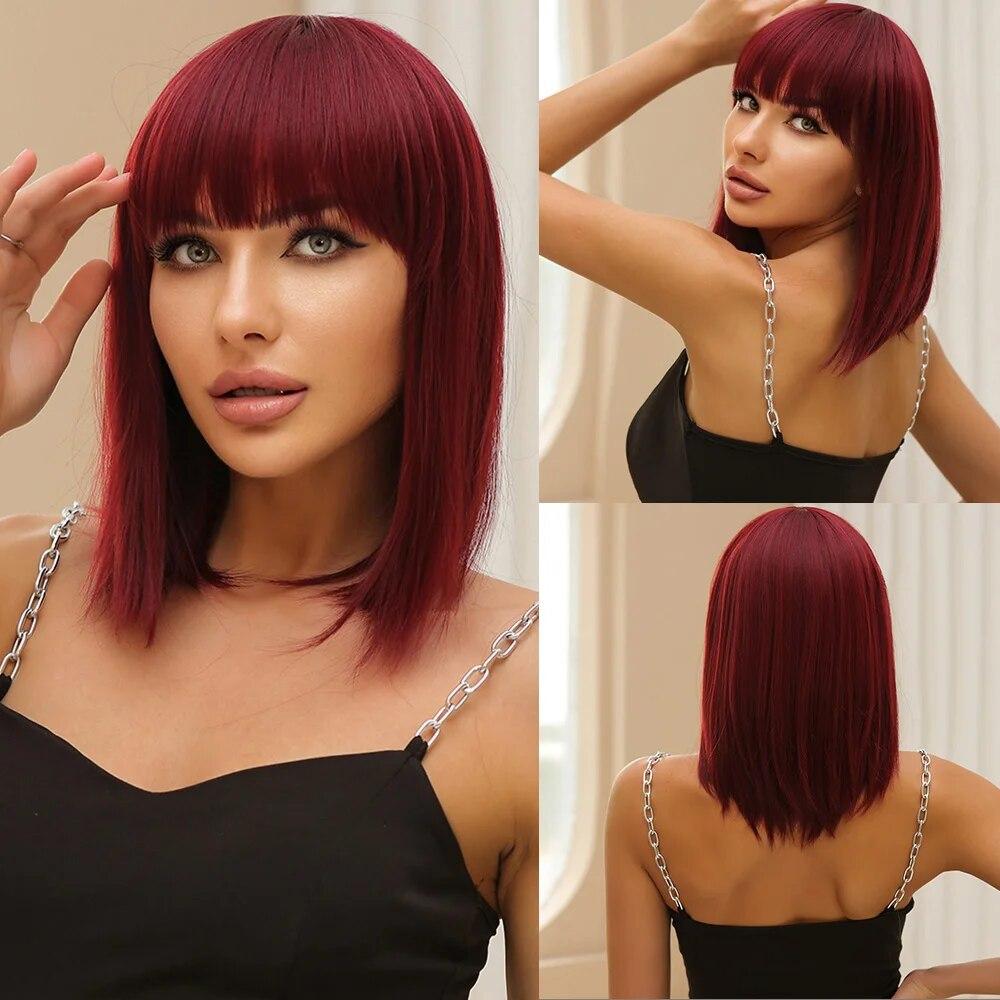 Purple Pink Ombre Black Short Straight Synthetic Wigs with Bangs Bob Wig for Women Daily Cosplay Party Heat Resistant Fake Hairs