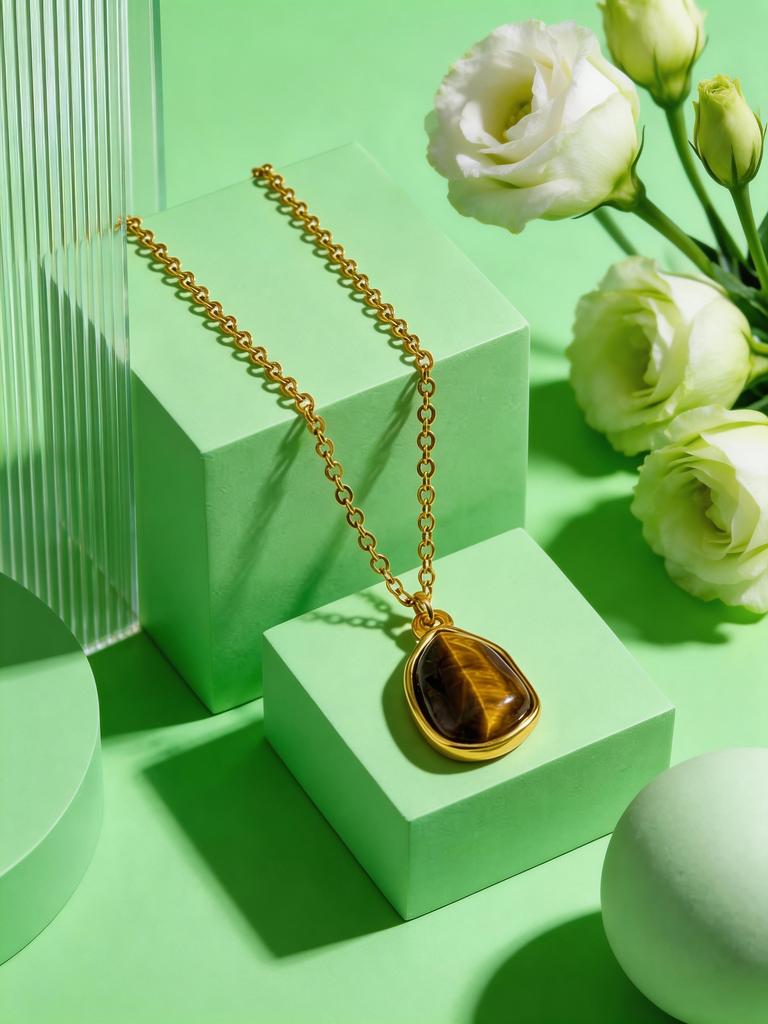 Irregular Geometric Tiger's Eye Pendant Necklace Gold Stainless Steel O-Chain Natural Stone Necklace Exquisite Party Jewelry