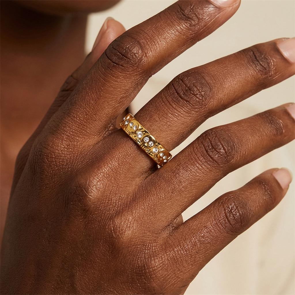 Trendy Gold Skull Ring with White Diamonds - Luxury Fashion Accessory