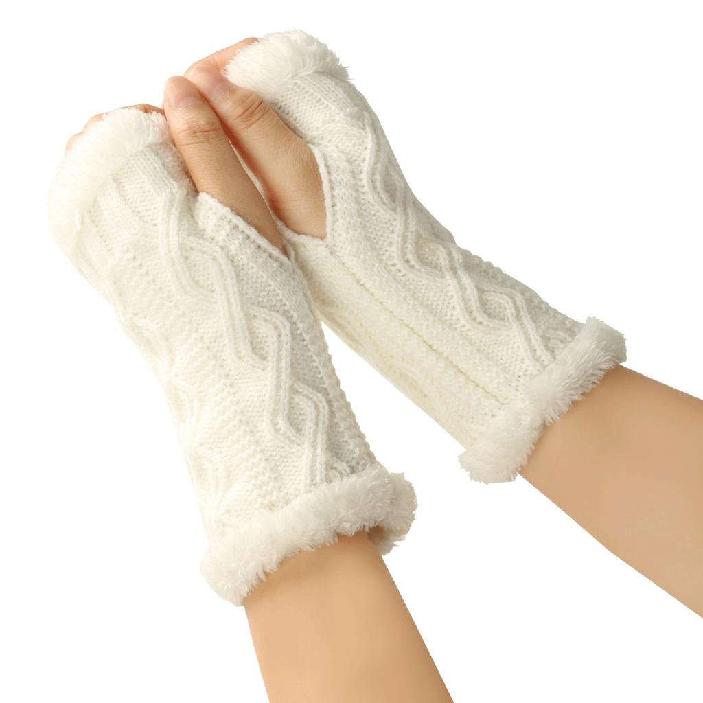 Women's Winter Warm Wool Gloves, Fingerless Diamond Knit Short Gloves