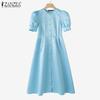 ZANZEA Elegant Ladies Casual Round Neck Puff Short Sleeve Long Dress