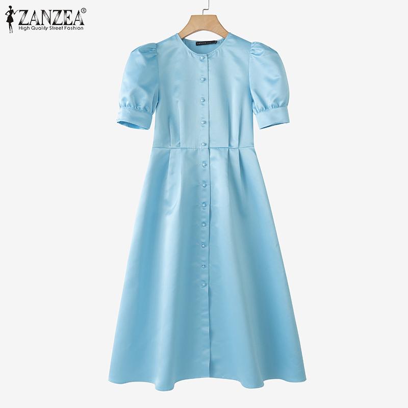ZANZEA Elegantes Damen Freizeit Rundhals Puff Kurzarm Langes Kleid