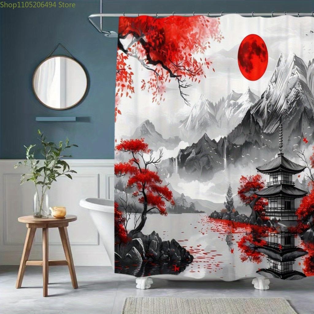1pc Red Japanese-Inspired Cherry Blossom & Mountain Landscape Shower Curtain - Durable Polyester Fabric, Machine Washable with