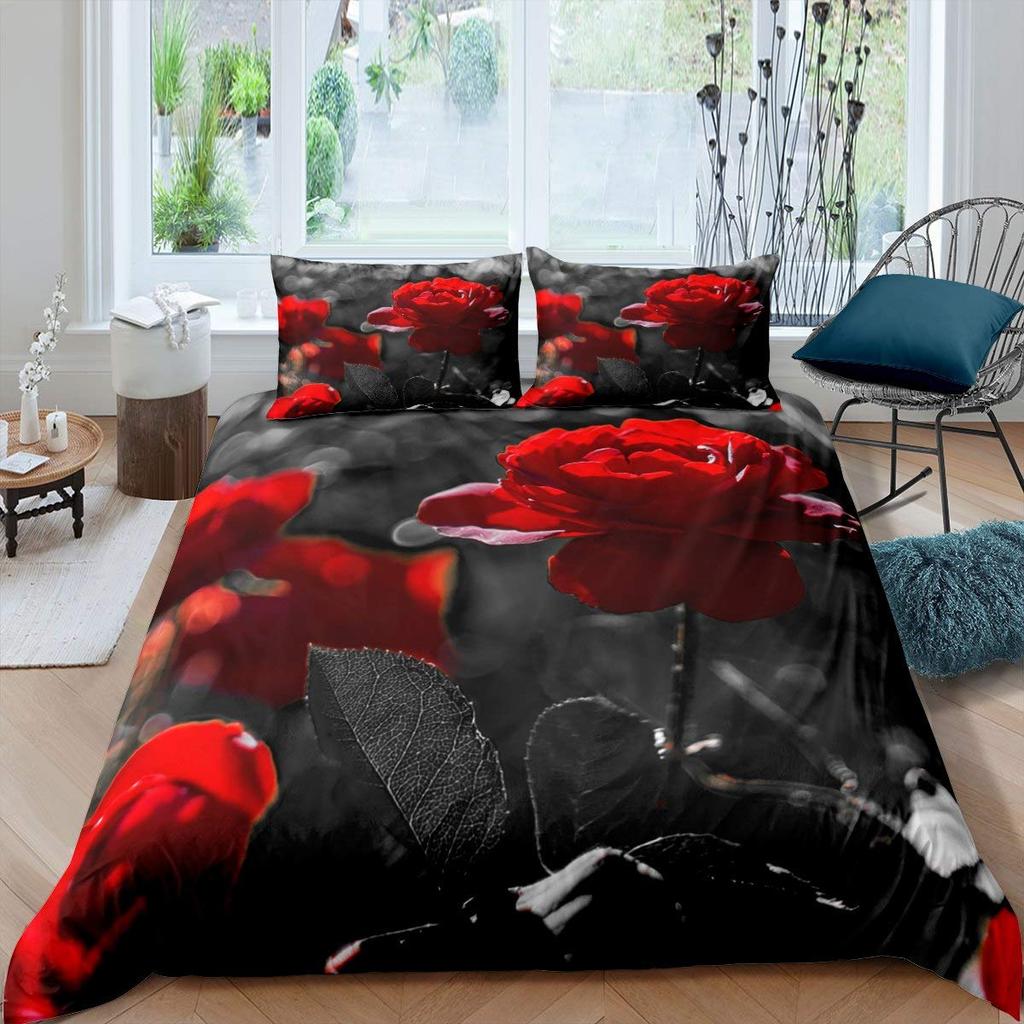 Ensemble Housse de Couette Rose Rouge Ensemble de Literie Imprimé Fleur de Rose Style Romantique Frais Taille King Housse de Couette avec Taies d'Oreiller pour Amoureux