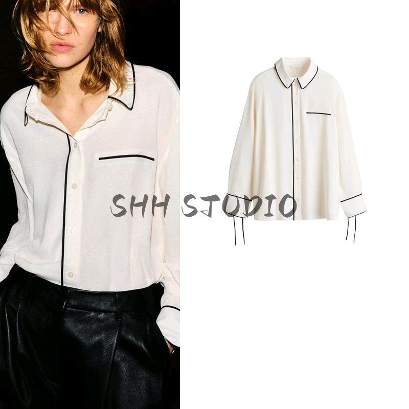 25 Spring New Women's Clothing Lapel Long Sleeves Single Row Multi-Buckle Contrast Color Loose Crepe Woven Shirt 1262581