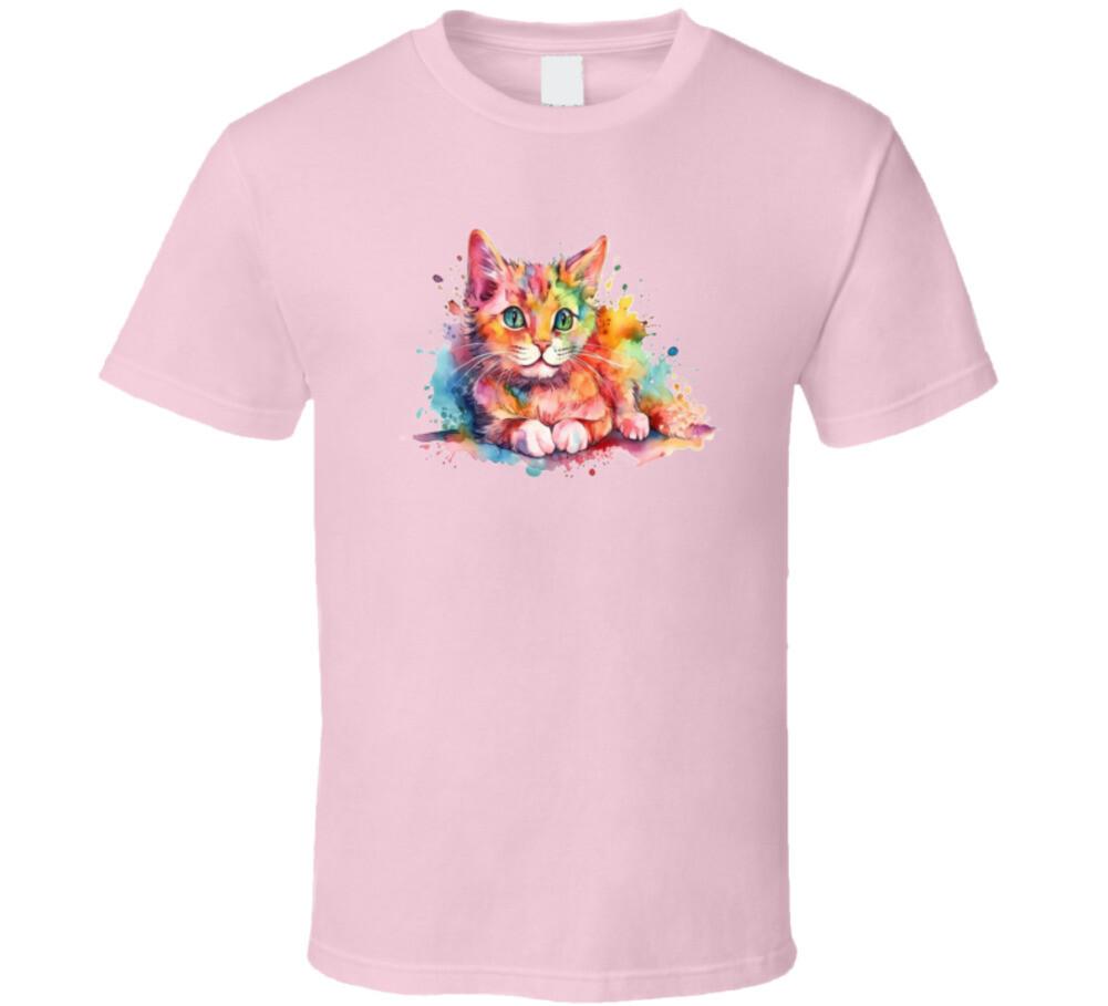Pretty Watercolor Cat Tee Colorful Cat Lover TShirt New Feline Novelty T-Shirt XL