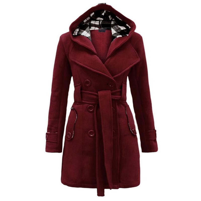 

Пальто в клетку с капюшоном и поясом, двубортное длинное пальто XXL вино красного