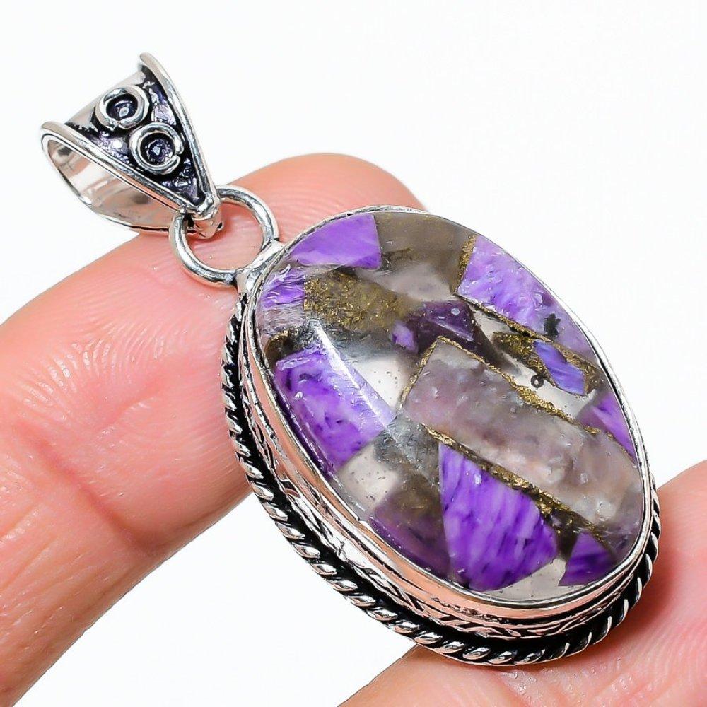 Copper Charoite Gemstone Handmade 925 Sterling Silver Jewelry Pendant 1.85" M4h64