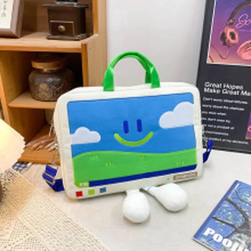 

Funny Cartoon Smiling Face Shoulder Bag Casual Computer Protective Student Embroidery Laptop Fashion Big Capacity Versatile Bag 35x25x3cm бежевий