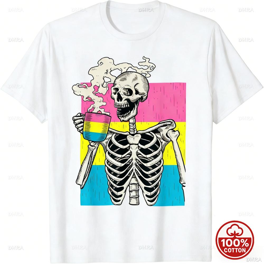 Pansexual Flag Skeleton Drinking Coffee Graphic Tshirt Vintage Retro Skull Coffee Lover Lgbtq Unisex Cotton Loose Summer Tees