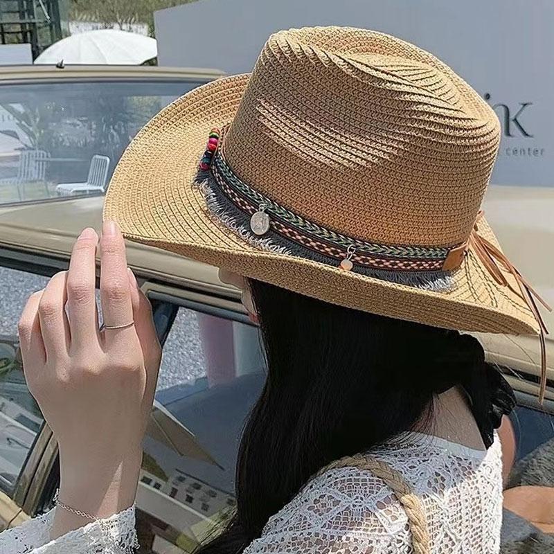 Pălărie Cowboy Cowgirl Western din Paie Femei Pliabilă cu Bor Larg Pălărie de Soare Panama Călătorie Plajă