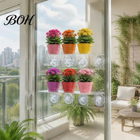 Floating Potted Plant Stands Window Suction Cup Storage Rack, Clear Acrylic Shelf with Microgreen Growing Trays Strong Adsorption, Stand for