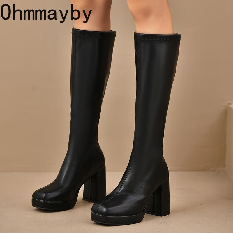 Platform Thick Heel Women Knee High Boots Fashion Slip On Shoes Autumn Winter Ladies Elegant Stretch Slim Long Booties
