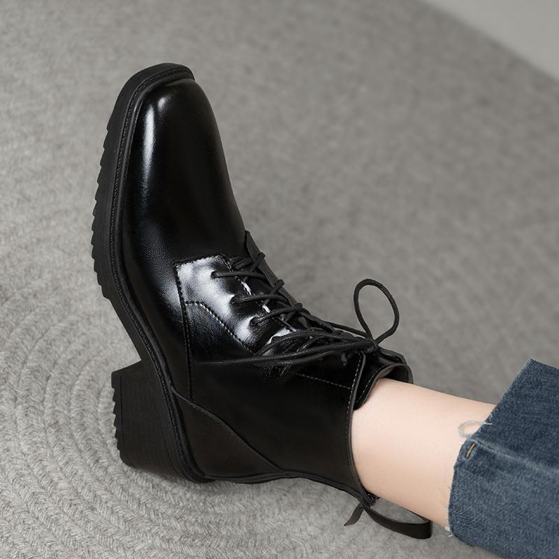 2024 Autumn and Winter New Fashion Solid Color Women's Boots French High Heel Short Boots Lace Up Niche Versatile Square Toe