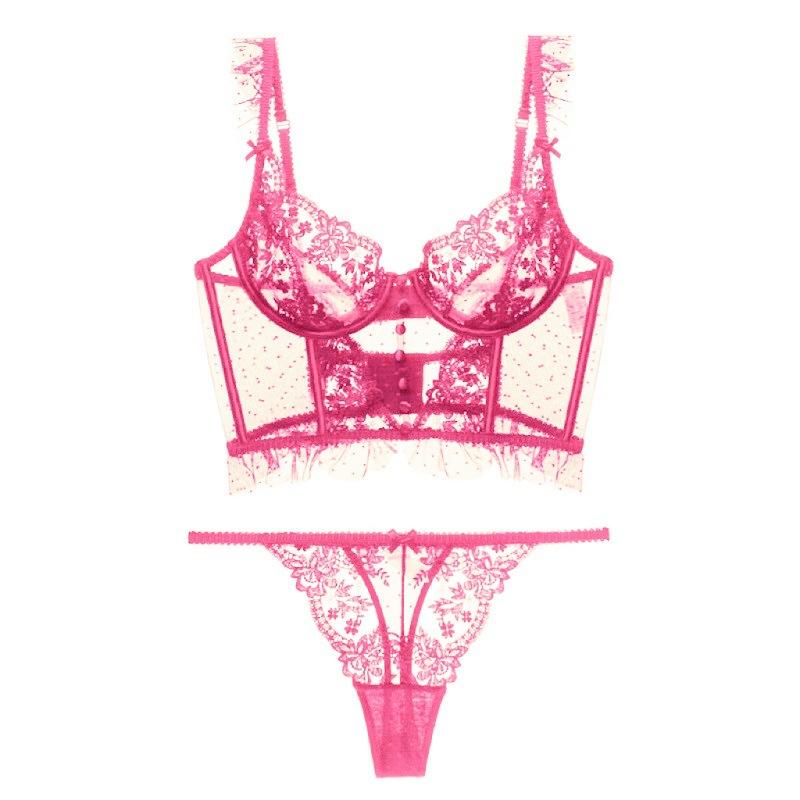 French Sexy Ultra Thin Underwear Women Lace Embroidery Flowers Bra Set Breathable Body Shap Bras and Thongs Sets Lingerie