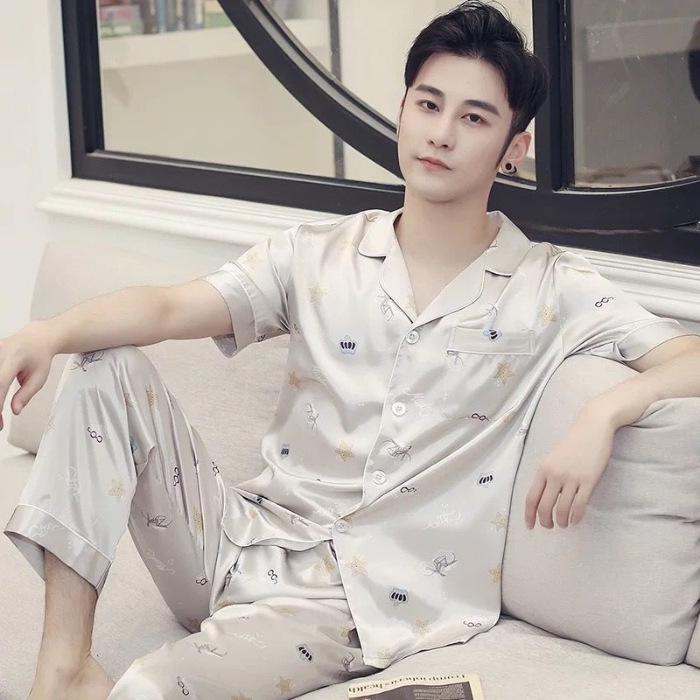 Men's Summer Ice Silk Pajama Set: Long Sleeve, Long Pants, Loose-Fit, Cooling Style.