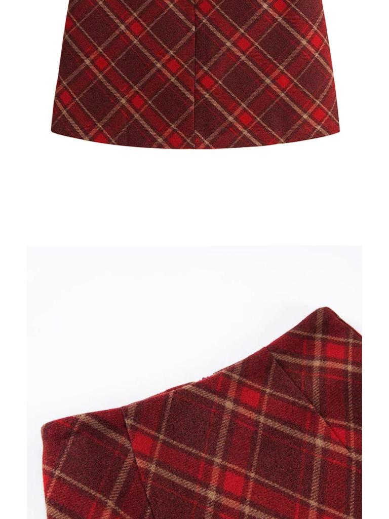 Women's Red Plaid High-Waisted Woolen A-line Skirt - Autumn/Winter 2025 Collection