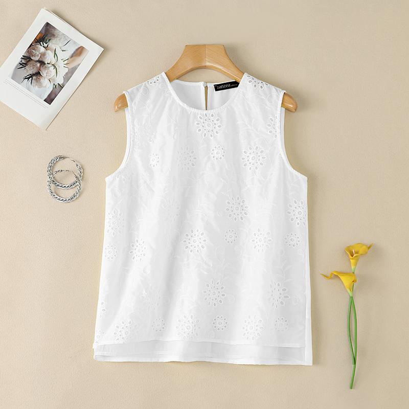 ZANZEA Women Casual Round Neck Summer Lace Crochet Patchwork Sleeveless Tank Tops S