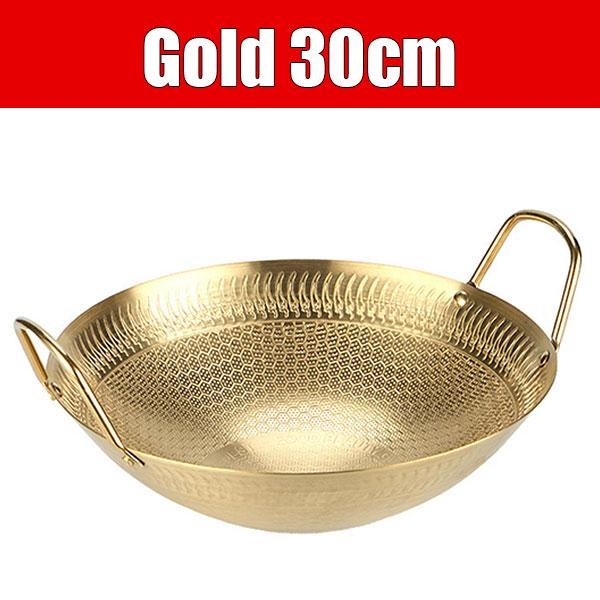 Roestvrijstalen Anti-aanbak Wok Grillpannen met Dubbele Handgrepen Ronde Braadschaal Gouden Platen Schaal voor Thuis Kamperen