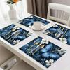 4pcs Blue Butterfly & Floral Placemats 12x18 Inch - Elegant Dark Blue Table Mats with White Flowers & Butterflies, Durable Polyester Fabric