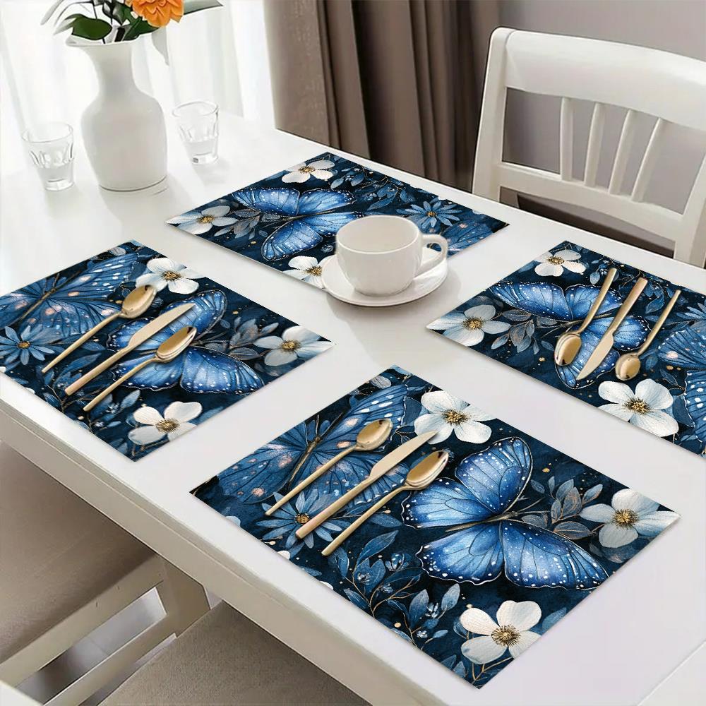 4pcs Blue Butterfly & Floral Placemats 12x18 Inch - Elegant Dark Blue Table Mats with White Flowers & Butterflies, Durable Polyester Fabric