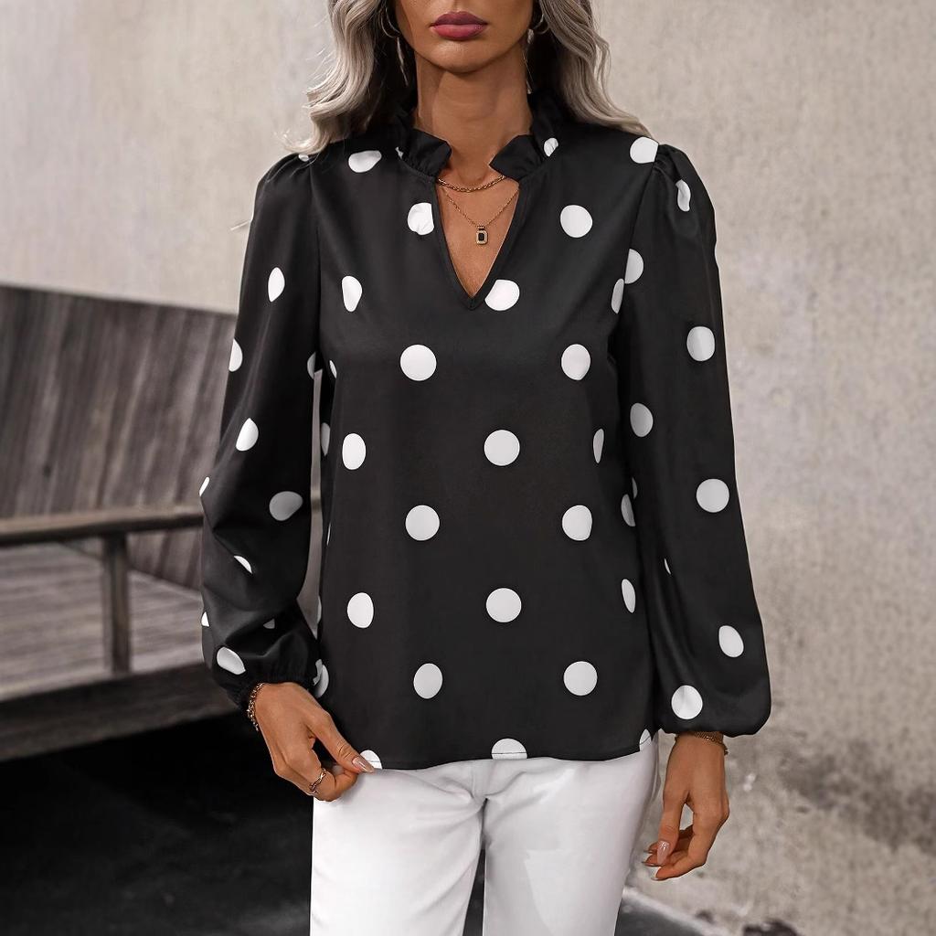 European and American New Polka Dot Print Long-sleeved Top