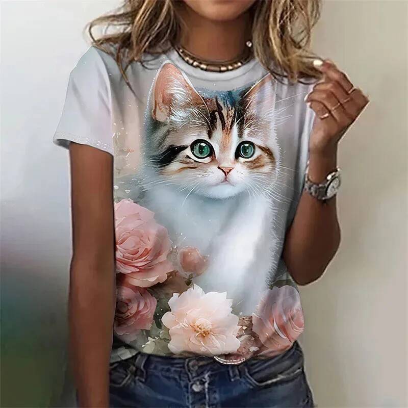 3D Printed Cat Design Women's Loose Fit O-Neck T-Shirt
