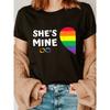Shes Mine Half Rainbow Heart Fashion Letter Print T-shirt, Short Sleeve Crew Neck Casual Top for Summer & Spring, Women's Clothing