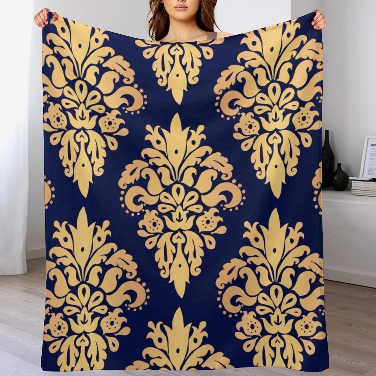 Blue and Gold Classic Damask Pattern Throw Blanket Anti Shedding Soft Fuzzy Blanket for Home Size: 75*100cm, Weight: 230 GSM