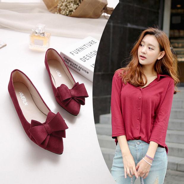 Spring New Single Shoes Women's Shoes Pointed Shallow Mouth Flat Heel Flat Bottom Bow