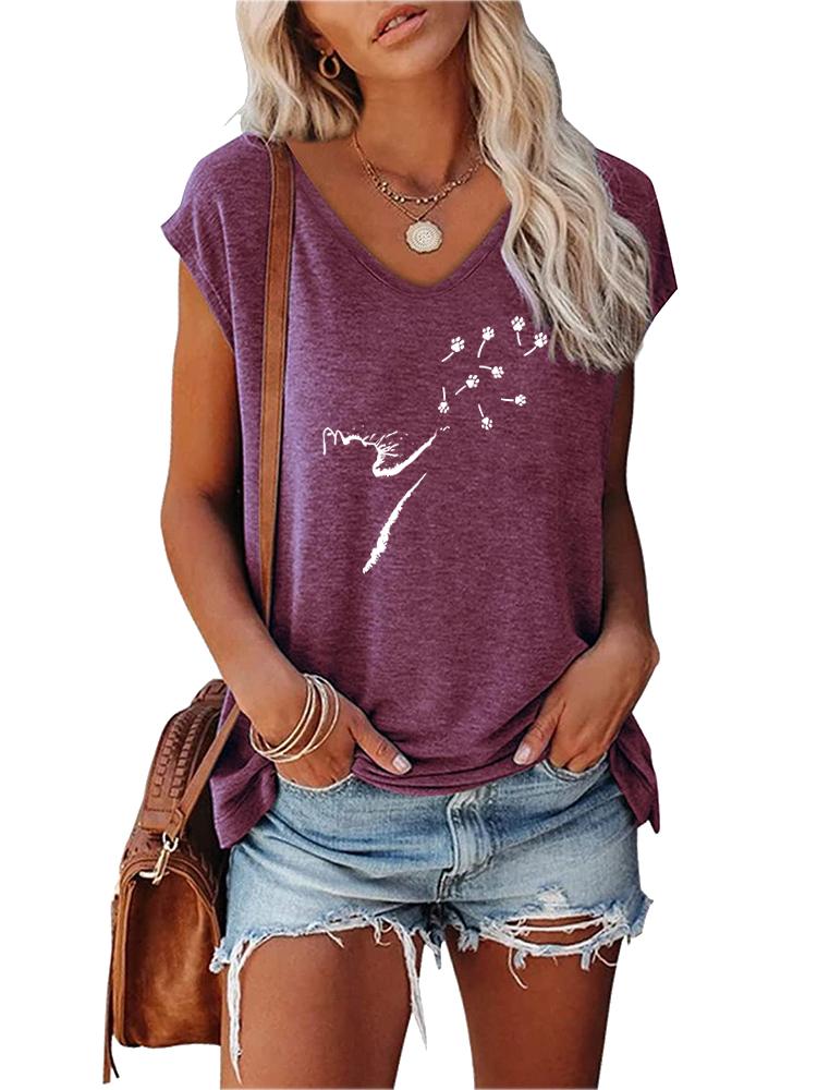 Women Fashion Printed Top Summer V Collar Tee Shirt Ladies Casual Short Sleeve T-shirt