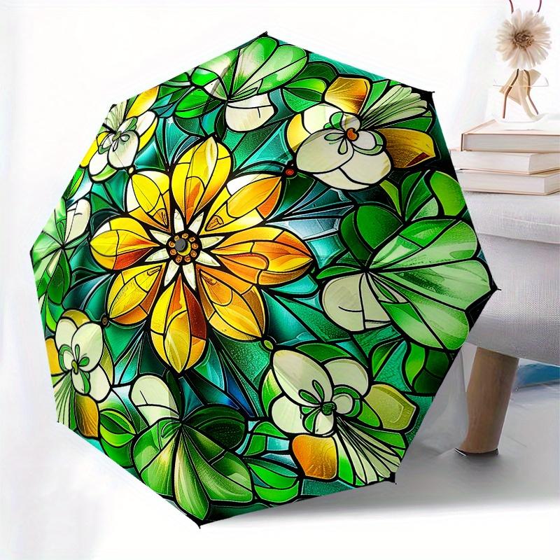 Stained Garden: Vibrant Floral Window ArtUmbrella, Portable 3-Fold Compact Umbrella for Men & Women Gift