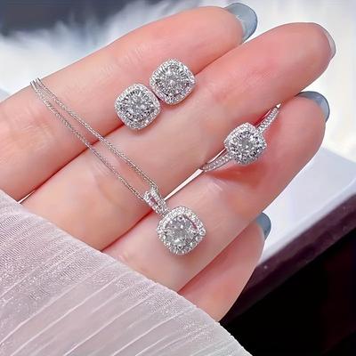 1PC Luxury Cube Zircon Set, Women's Elegant Necklace, Earrings & Ring Set, Perfect Gift for Valentine's Day, Christmas Gift, Bi
