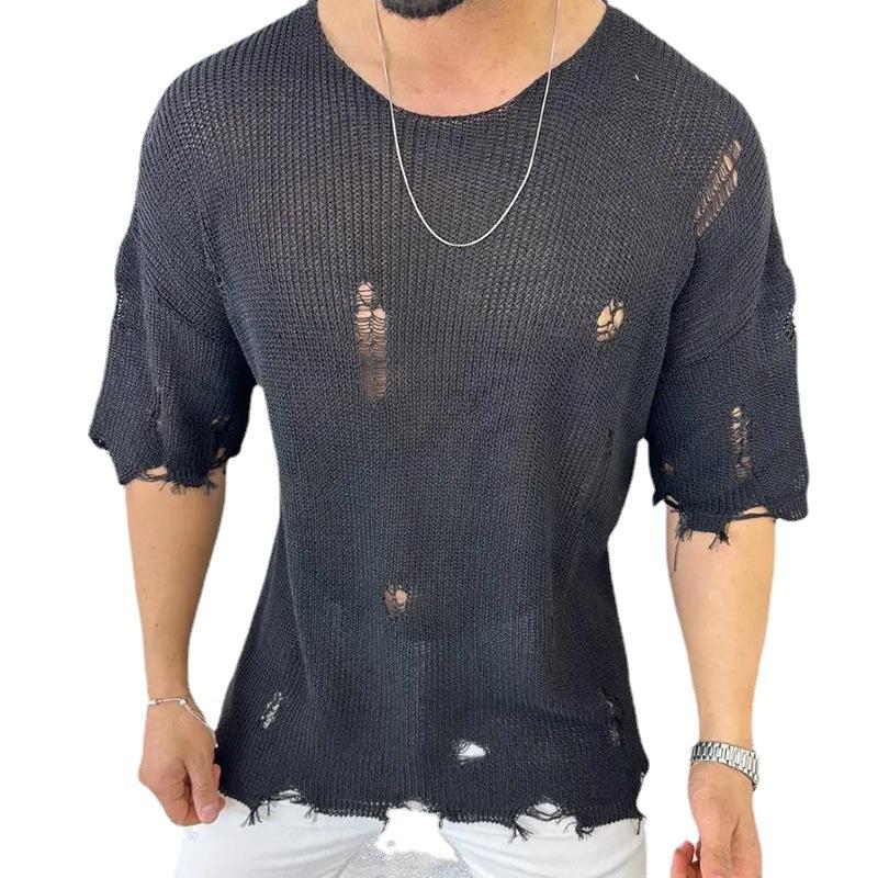 2025 Summer New Knitted Sweater for Men, Openwork Round Neck Short Sleeve