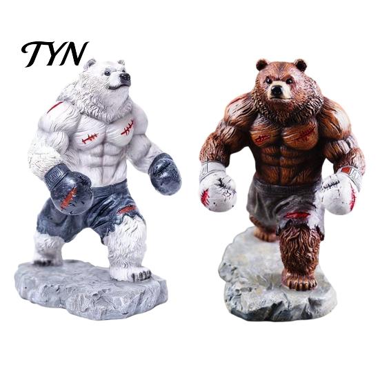 Fitness Bear Statue Resin Boxing Figurine, Muscle for Desk Decor, Realistic Brown White Sculpture Office and Home