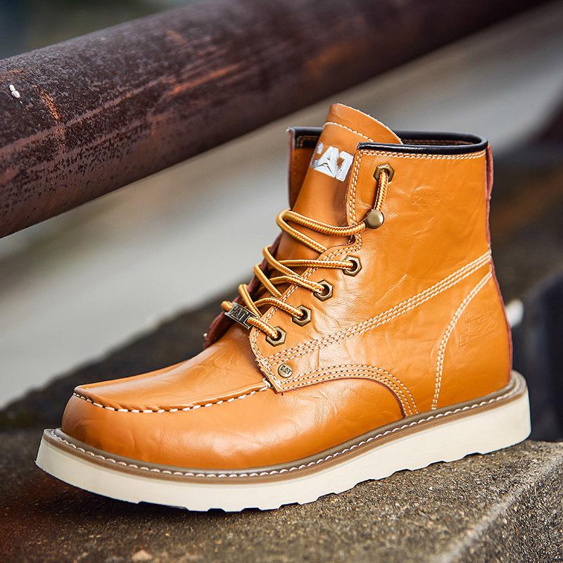 Unisex Carter Martin Leather Work Boots - British Style, High-Top, Yellow, Short Ankle Boots for Autumn and Winter.
