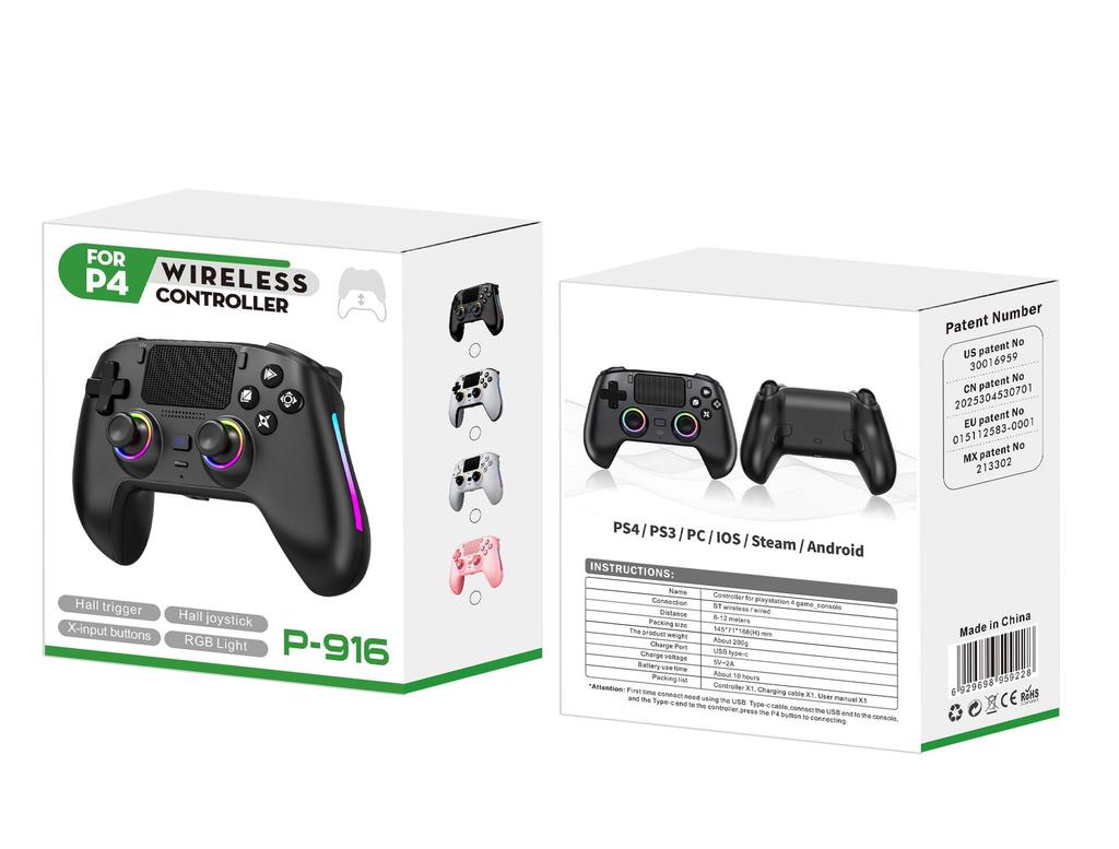 PS4 Wireless Bluetooth Game Controller with Hall Effect Triggers, Magnetic Faceplate, RGB Lights, Dual Vibration, and Six-Axis Gyroscope.