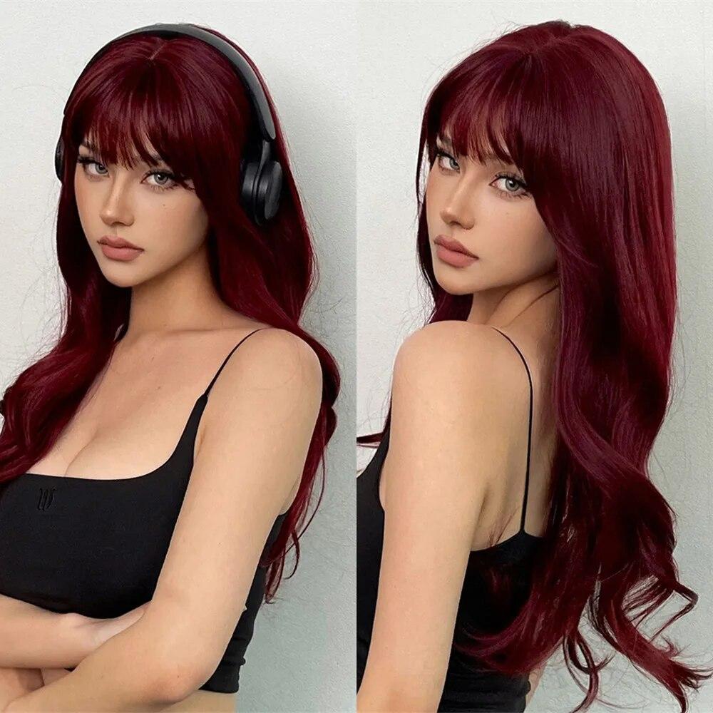 Wine Red Long Wavy Synthetic Wig High Temperature Natural Wig with Bangs Colorful Party Cosplay Hair for Black Women
