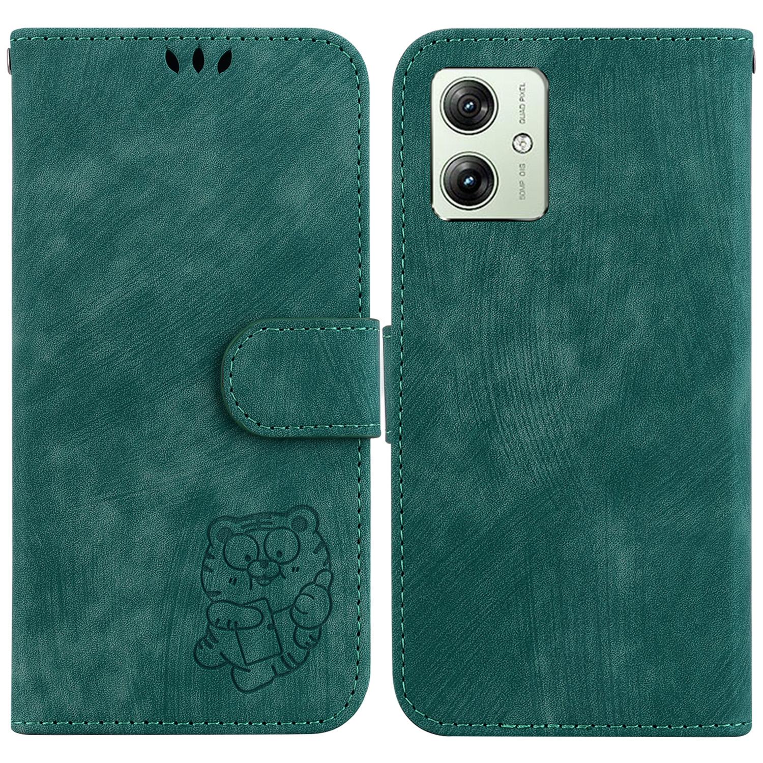 

For Motorola Moto G54 5G Case Lovely Tiger Imprint PU Leather Flip Phone Cover Green