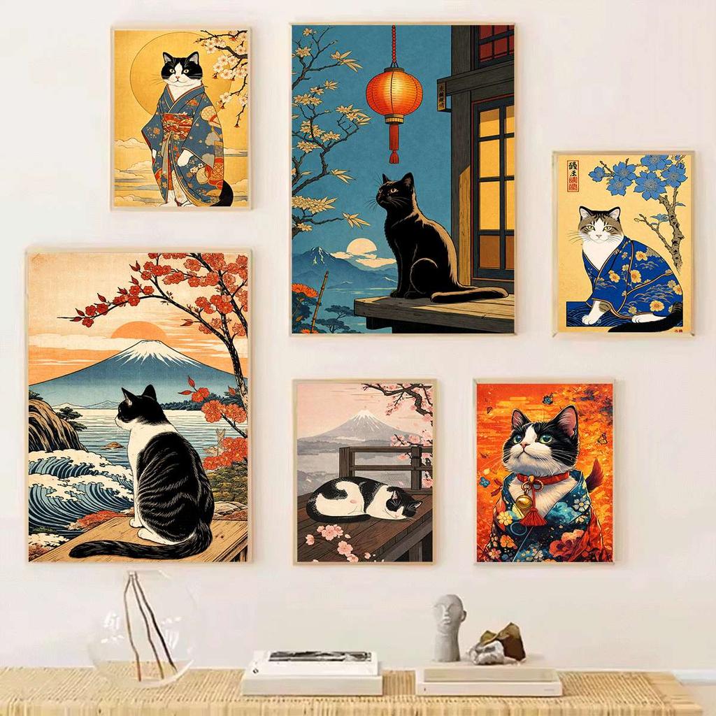 Japanese-style Cat Wall Decorations, Fun Cat Canvas Posters, Anime Wall Decorations, Cute Artwork, Tokyo Kitty Retro Posters