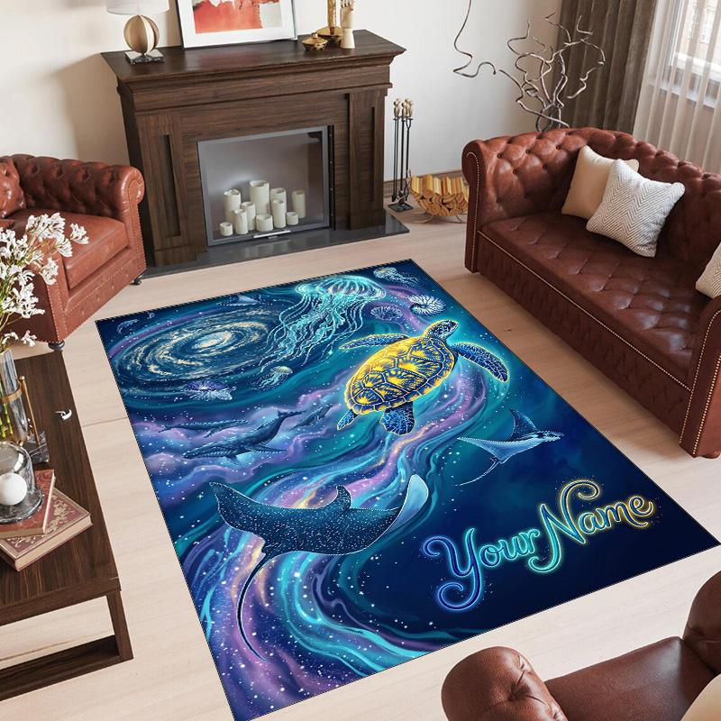 Mermaid Underwater Theme Crystal Velvet Rug Personalized Custom Name Text Soft Floor Mat Home Decor