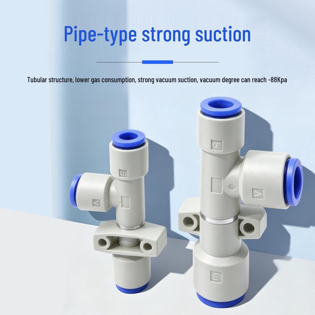 ZH Series Tubular Vacuum Generator, Compact PBT Plastic, Flexible Installation, Converts Positive to Negative Pressure.