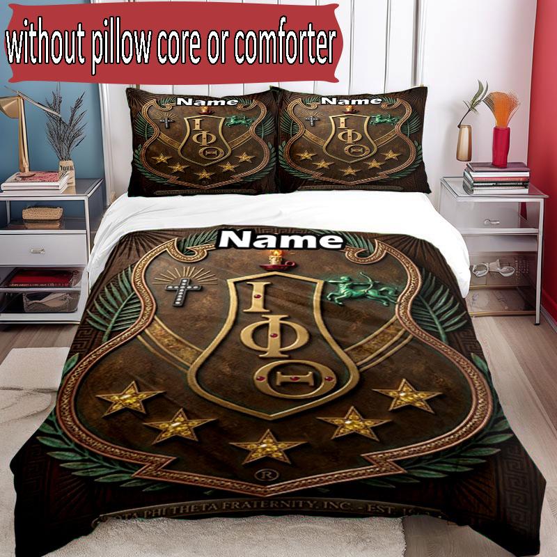 3pcs Duvet Cover Set (1*Duvet Cover + 2*Pillowcase, Without Core), Custom Name Iota Phi Theta Pattern Bedding Set, Home Bedroom Decor Gift