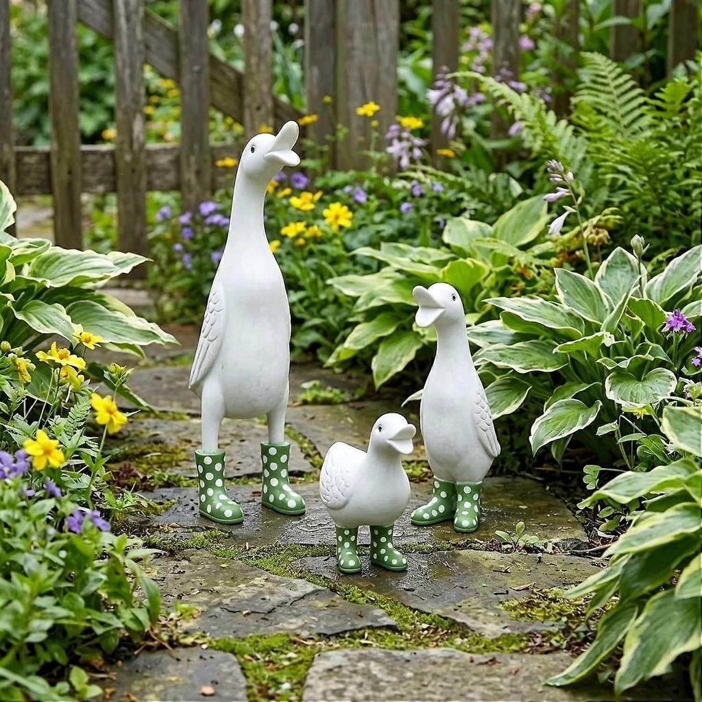 3-Piece Duck Family Statue Set, Hand-Painted Resin Ducks with Polka Dot Rain Boots, Whimsical Garden & Home Decor, Funny Animal Sculptures for Patio, 
