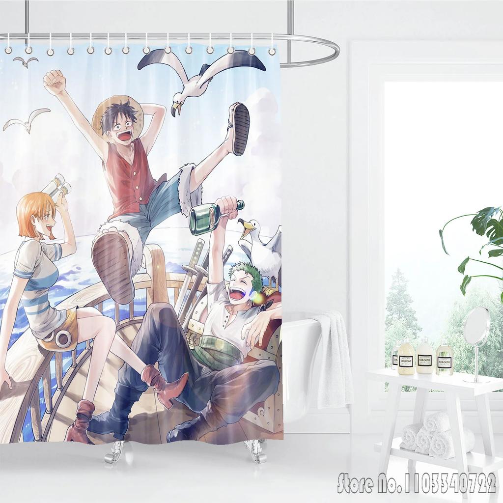 Shower Curtain One Piece Luffy Straw Hat Anime Waterproof Fabric Bathroom Curtain With Hooks, Cartoon Bath Curtain For Home Deco