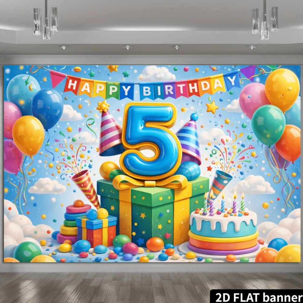 2D Plane 1 Birthday Party for 5-year-old Child. Theme of 5th Birthday Accompanied by Colorful Balloons and Birthday Cake.