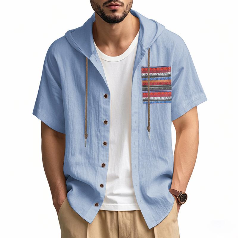 Men's Solid-color Casual Short-sleeved Shirt with a Hood, Fashionable and Loose Vacation Beach Men's Shirt
