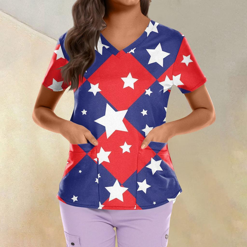 Topuri Uniformă de Lucru Scrub Imprimate Mărimi Mari Pentru Femei Gât în V Încrucișat Imprimeu Ziua Independenței Mânecă Scurtă Tricouri Amuzante Tricou de Lucru cu Buzunare