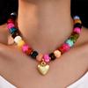 Retro Smudged Colored Flat Beaded Necklace, Gold Three-dimensional Love Pendant Collarbone Chain, Holiday Wind Contrasting Color Neck Jewelry