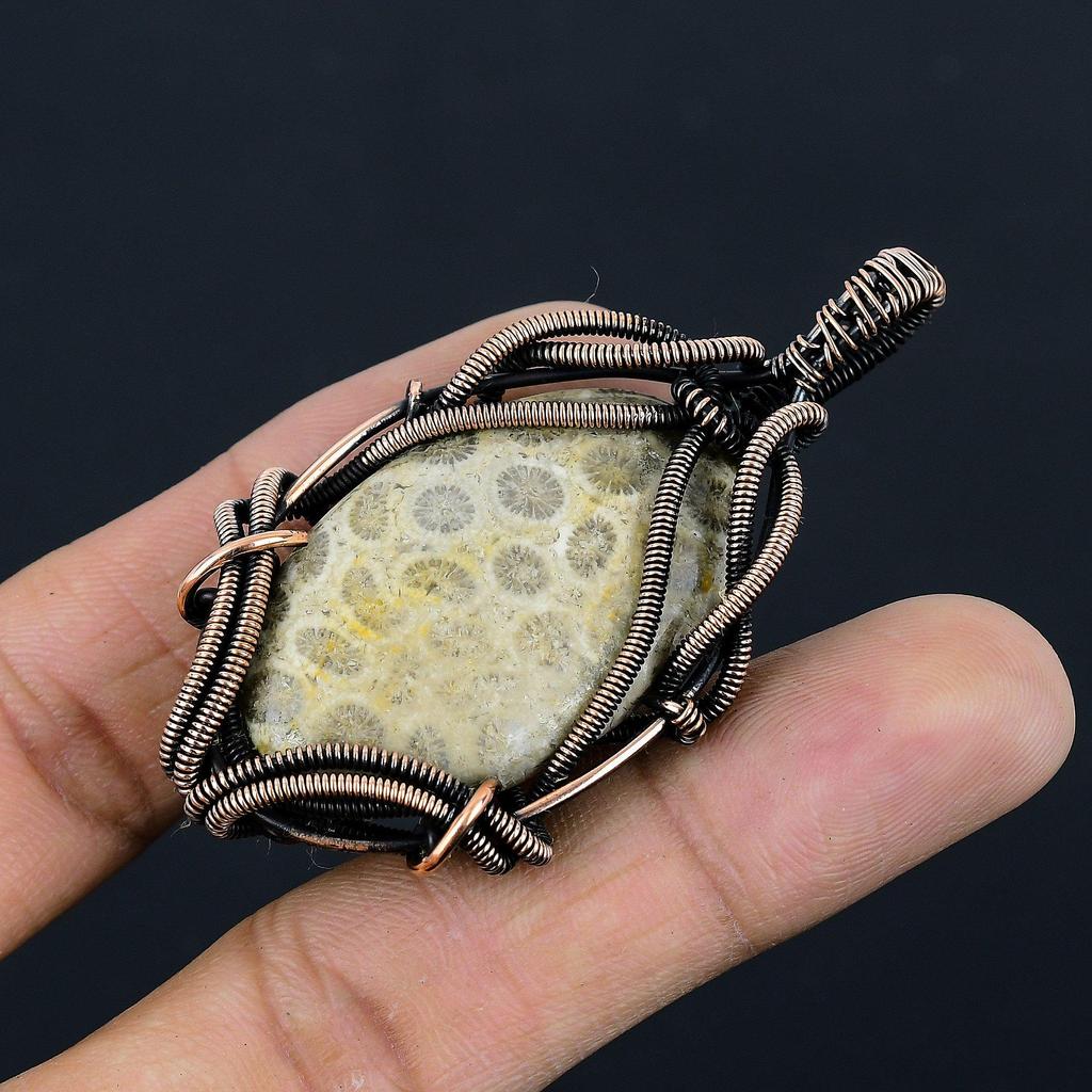 Fossil Coral 999 Copper Wire Wrapped Pendant Handmade Gemstone Jewelry, Gifts For Wife Brand New Jewelry Pendant